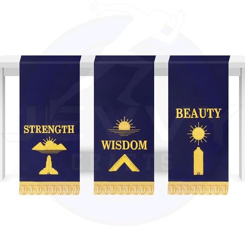 Masonic Blue Lodge Velvet Pedestal Covers Set of 3 - STRENGTH WISDOM BEAUTY Handmade Gold Embroidery - Senior Junior Warden & Worshipful Master Ceremonial Altar Banners - 13x37 Inch in Saudi Arabia