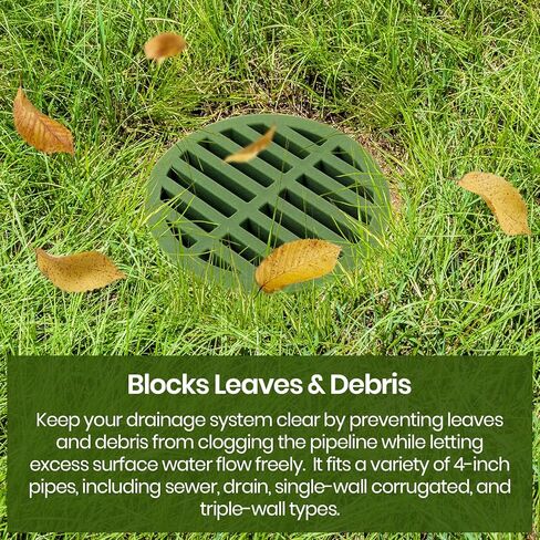 (2 Pack) Calvana 4" Plastic Round Drainage Grate Cover, Fits 4" Pipes, Prevents Debris, Ideal for Lawns, Patios, and Walkways, Durable UV-Resistant Plastic, Easy Installation, Green in Kuwait