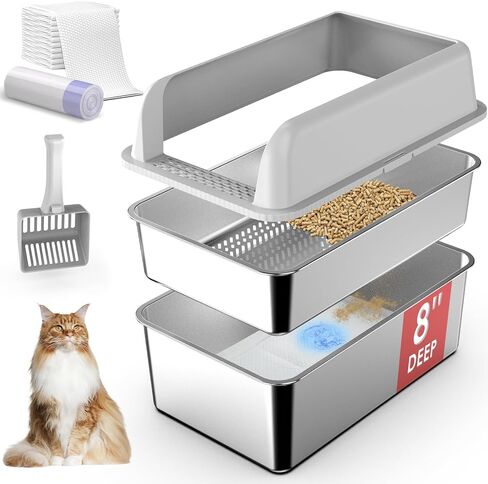 23.5''x15.7''x6'' Enclosed Stainless Steel Litter Box with Lid, XL Sifting Litter Box for Pine Pellets, High Sides Metal Litter Box System for for Big Cats, Anti-Leakage, Easy Cleaning, Less Tracking in Kuwait
