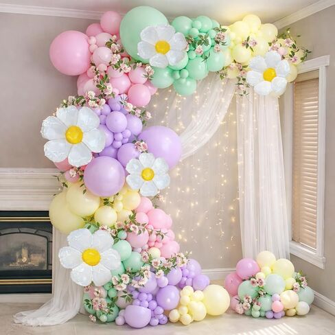 164pcs Daisy Pastel Balloons Garland Arch Kit, Different Size Pastel Balloons with White Flower Mylar Balloon for Mother's Day Spring Wedding Birthday Easter Party Decoration in Saudi Arabia