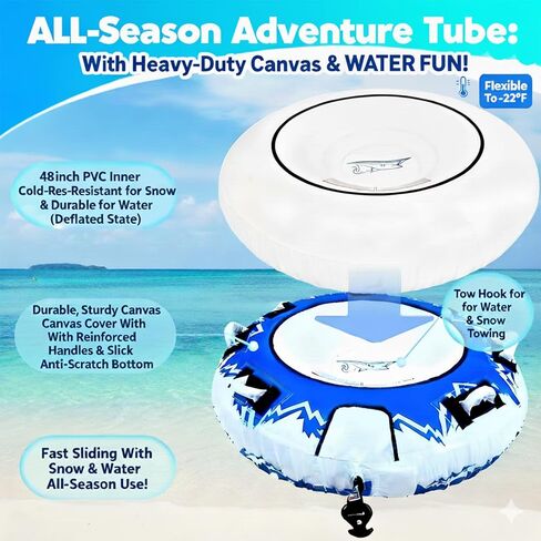2-in-1 Inflatable Snow Tube Sled - 48" Heavy Duty Snow & Water Tube with Free 46ft Rope, Premium Canvas Cover for Adults & Family, All-Season Outdoor Toy in Saudi Arabia