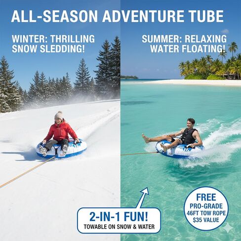 2-in-1 Inflatable Snow Tube Sled - 48" Heavy Duty Snow & Water Tube with Free 46ft Rope, Premium Canvas Cover for Adults & Family, All-Season Outdoor Toy in Saudi Arabia