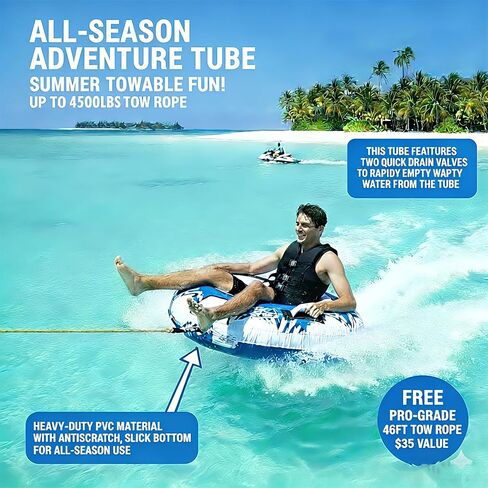 2-in-1 Inflatable Snow Tube Sled - 48" Heavy Duty Snow & Water Tube with Free 46ft Rope, Premium Canvas Cover for Adults & Family, All-Season Outdoor Toy in Saudi Arabia