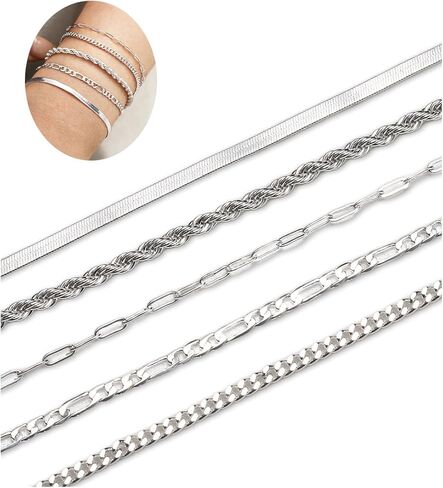 Krfy 5 Pcs Gold Silver Bracelets for Women Trendy Bracelet Stack Non Tarnish Waterproof Bracelets for Women Fashion Accessories with Paperclip Herringbone Figaro Cuban Twist Chains in Kuwait