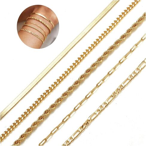 Krfy 5 Pcs Gold Silver Bracelets for Women Trendy Bracelet Stack Non Tarnish Waterproof Bracelets for Women Fashion Accessories with Paperclip Herringbone Figaro Cuban Twist Chains in Kuwait