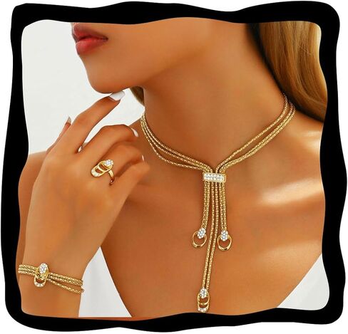 Aukmla Gold Jewelry Set Sparkly Rhinestone Necklace Earrings Bracelet Ring Sets Prom Costume Necklaces for Women in Saudi Arabia