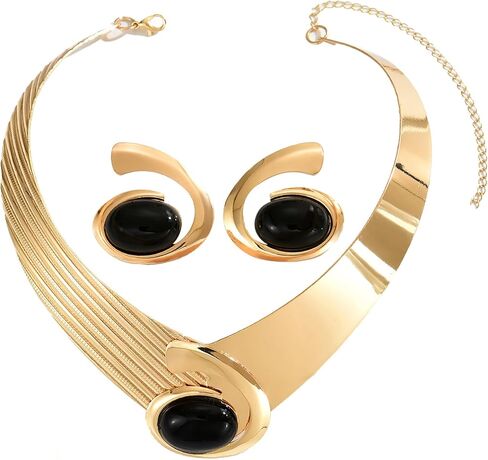 Chunky Gold Necklace Earring Set For Women Bohemian Oval Acrylic Earring Necklace Set Vintage Trendy Golden Necklaces Earring Jewelry Set For Women in Kuwait