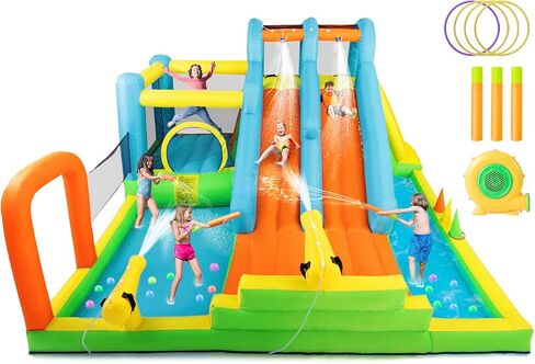 Joyldias Bounce House ، الحارس القابل للنفخ مع منفاخ الهواء 370W ، القفز القفز مع شريحة مزدوجة ، الترامبولين ، لعبة كرة مستهدفة شعرت ، جدار التسلق ، طوق كرة السلة للأطفال الصغار الاستخدام في الهواء الطلق الداخلي in Kuwait