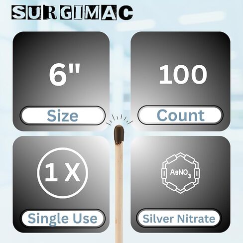 SurgiMac Silver Nitrate Wooden Caustic Sticks Applicator | 100 Applicators in Kuwait