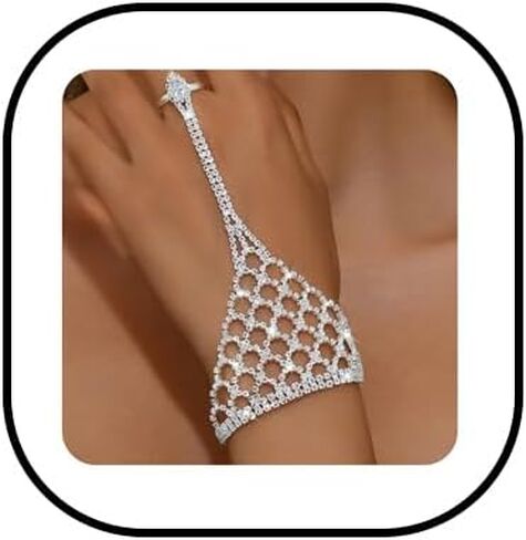 Rhinestone Ring Bracelet for Women Gold Silver Crystal Hand Chain Finger Ring Sparkling Long Tassel Chain Bracelet Prom Rings Bracelet Brides Bridesmaids Wedding Party Dance Banquet Dress Jewelry in Kuwait