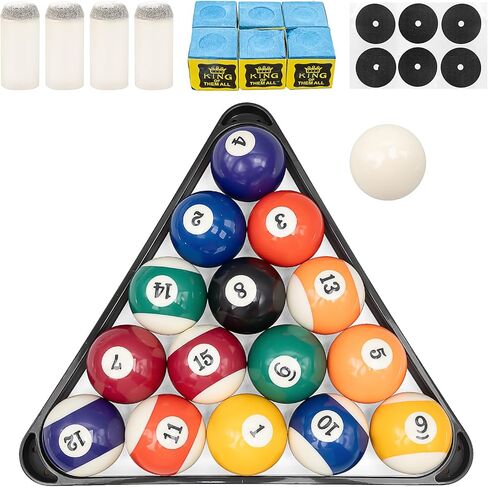 Billiard Pool Balls with Triangle Ball Rack, Cue Chalks, Table Spot Stickers & Tip Replacements - Pool Table Accessories in Kuwait