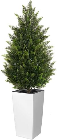 طول 4 أقدام 2 مجموعة من شجرة الأرز الاصطناعية ، نباتات Cypress Faux واقعية داخلية مع زهرة مربعة ، شجيرات دائمة الخضرة في الهواء الطلق لغرفة المعيشة المنزل ديكور الشرفة الأمامية in Kuwait