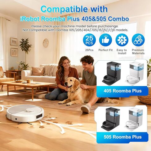 قطع غيار لمكنسة وممسحة iRobot Roomba Plus 405/505 Combo Robot، طقم إكسسوارات مكون من 25 قطعة: فرشتان رئيسيتان، 6 أكياس غبار، 4 مرشحات، 6 وسادات ممسحة، 6 فرش جانبية، 1 فرشاة تنظيف (25) in Saudi Arabia