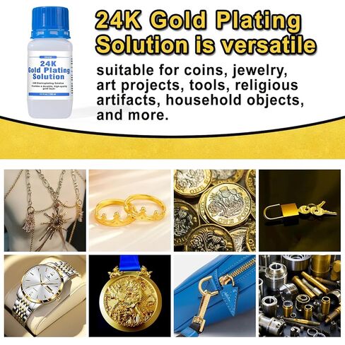 محلول طلاء الذهب عيار 24 قيراط - مخصص لمعدات الطلاء الكهربائي للحمام | محلول طلاء كهربائي عالي النقاء 24K، طلاء غمر، 7 أونصة in Kuwait