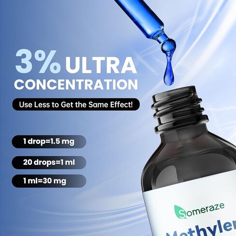 3% قطرات الميثيلين الزرقاء - سائل الميثيلين الأزرق عالي النقاء بدرجة صيدلانية USP للبشر، دعم الإدراك والتركيز، بدون كحول، بدون فورمالدهايد، 120 مل، 4.06 أونصة سائلة in Kuwait