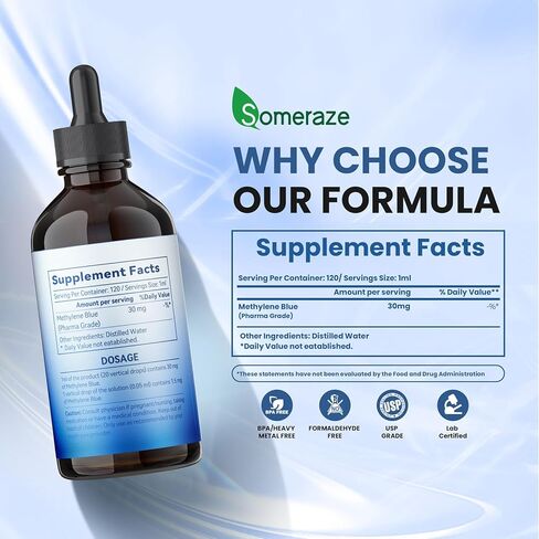 3% قطرات الميثيلين الزرقاء - سائل الميثيلين الأزرق عالي النقاء بدرجة صيدلانية USP للبشر، دعم الإدراك والتركيز، بدون كحول، بدون فورمالدهايد، 120 مل، 4.06 أونصة سائلة in Kuwait