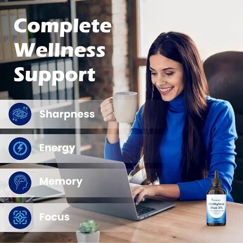 3% قطرات الميثيلين الزرقاء - سائل الميثيلين الأزرق عالي النقاء بدرجة صيدلانية USP للبشر، دعم الإدراك والتركيز، بدون كحول، بدون فورمالدهايد، 120 مل، 4.06 أونصة سائلة in Kuwait