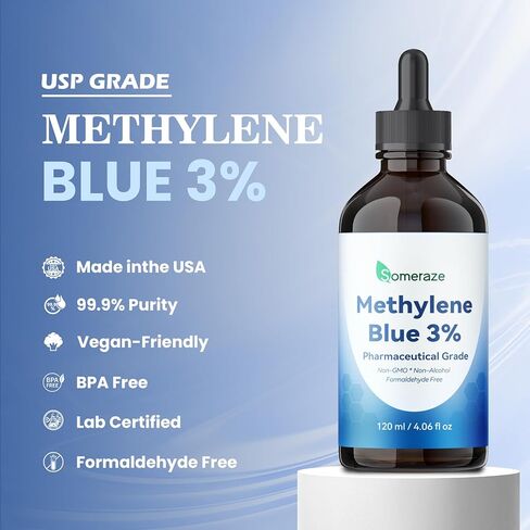 3% قطرات الميثيلين الزرقاء - سائل الميثيلين الأزرق عالي النقاء بدرجة صيدلانية USP للبشر، دعم الإدراك والتركيز، بدون كحول، بدون فورمالدهايد، 120 مل، 4.06 أونصة سائلة in Kuwait