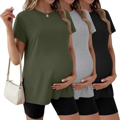 Ficerd 3 Pack Women's Maternity T Shirts, Short Sleeve Side Split Pregnancy Tops Casual Crew Neck Pregnant Tees Mama Clothes in Saudi Arabia
