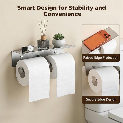 Double Toilet Paper Holder with Shelf, Stainless Steel Commercial Toilet Paper Holder Wall Mount, Anti-Jam Double Roll Design, Bathroom Toilet Paper Holder for Most Standard Toilet Paper Rolls in Kuwait