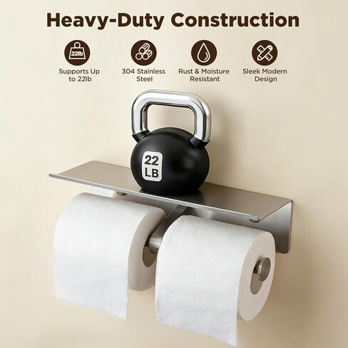 Double Toilet Paper Holder with Shelf, Stainless Steel Commercial Toilet Paper Holder Wall Mount, Anti-Jam Double Roll Design, Bathroom Toilet Paper Holder for Most Standard Toilet Paper Rolls in Kuwait