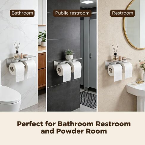 Double Toilet Paper Holder with Shelf, Stainless Steel Commercial Toilet Paper Holder Wall Mount, Anti-Jam Double Roll Design, Bathroom Toilet Paper Holder for Most Standard Toilet Paper Rolls in Kuwait