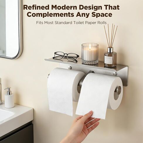 Double Toilet Paper Holder with Shelf, Stainless Steel Commercial Toilet Paper Holder Wall Mount, Anti-Jam Double Roll Design, Bathroom Toilet Paper Holder for Most Standard Toilet Paper Rolls in Kuwait
