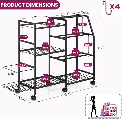 حامل الدمبل، حامل الأثقال لصالة الألعاب الرياضية المنزلية، رف تخزين سجادة اليوجا، تخزين معدات التمرين مع عجلات وخطافات، منظم معدات الصالة الرياضية المنزلية لأجراس كيتل بيل in Kuwait