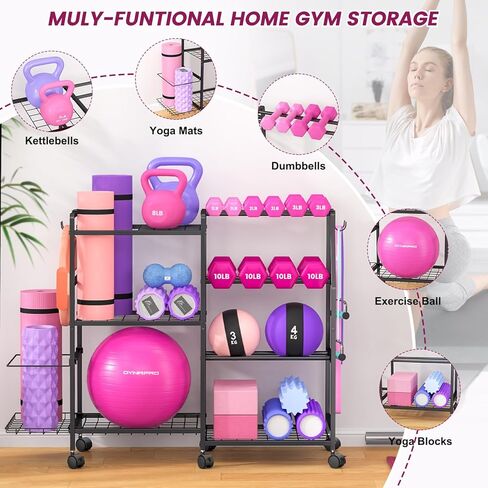 حامل الدمبل، حامل الأثقال لصالة الألعاب الرياضية المنزلية، رف تخزين سجادة اليوجا، تخزين معدات التمرين مع عجلات وخطافات، منظم معدات الصالة الرياضية المنزلية لأجراس كيتل بيل in Kuwait