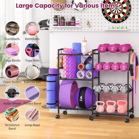 حامل الدمبل، حامل الأثقال لصالة الألعاب الرياضية المنزلية، رف تخزين سجادة اليوجا، تخزين معدات التمرين مع عجلات وخطافات، منظم معدات الصالة الرياضية المنزلية لأجراس كيتل بيل in Kuwait
