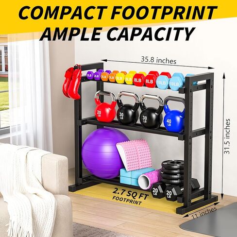 حامل دمبل قابل للتعديل من 3 طبقات، حامل وزن لتخزين صالة الألعاب الرياضية المنزلية، حامل ثقيل الوزن للدمبل وأجراس كيتل بيل والأوزان الحرة، حامل حامل دمبل موفر للمساحة فقط (سعة تصل إلى 450 رطل) in Kuwait