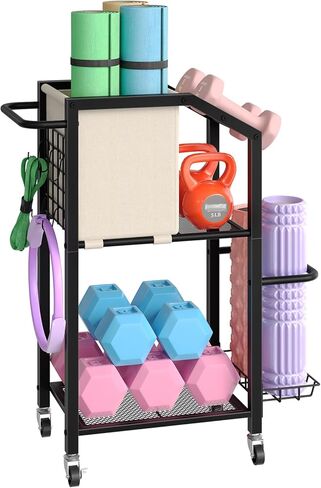 HOOBRO Dumbbell Rack, Weight Rack for Dumbbells, Yoga Mat Storage Rack, Home Gym Storage Rack for Dumbbells Kettlebells Foam Roller, Workout Storage Organizer with Wheels & Hooks, Black BE85CJ01N1 in Saudi Arabia