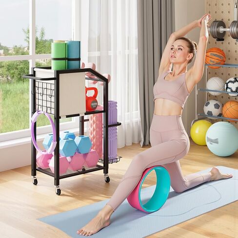 HOOBRO Dumbbell Rack, Weight Rack for Dumbbells, Yoga Mat Storage Rack, Home Gym Storage Rack for Dumbbells Kettlebells Foam Roller, Workout Storage Organizer with Wheels & Hooks, Black BE85CJ01N1 in Saudi Arabia