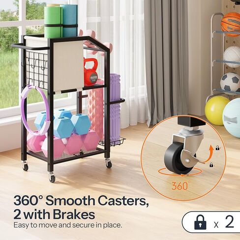 HOOBRO Dumbbell Rack, Weight Rack for Dumbbells, Yoga Mat Storage Rack, Home Gym Storage Rack for Dumbbells Kettlebells Foam Roller, Workout Storage Organizer with Wheels & Hooks, Black BE85CJ01N1 in Saudi Arabia