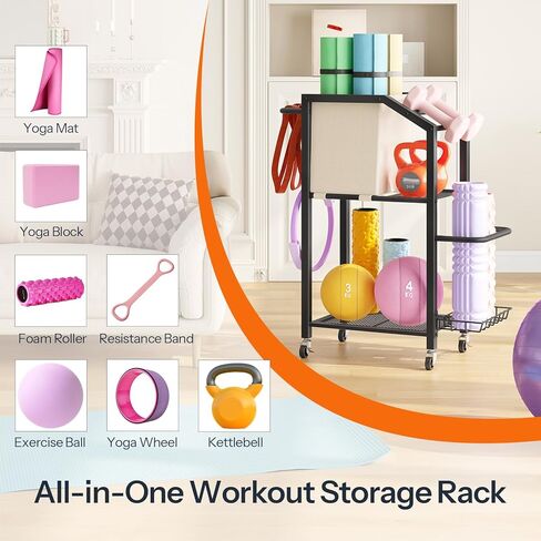 HOOBRO Dumbbell Rack, Weight Rack for Dumbbells, Yoga Mat Storage Rack, Home Gym Storage Rack for Dumbbells Kettlebells Foam Roller, Workout Storage Organizer with Wheels & Hooks, Black BE85CJ01N1 in Saudi Arabia