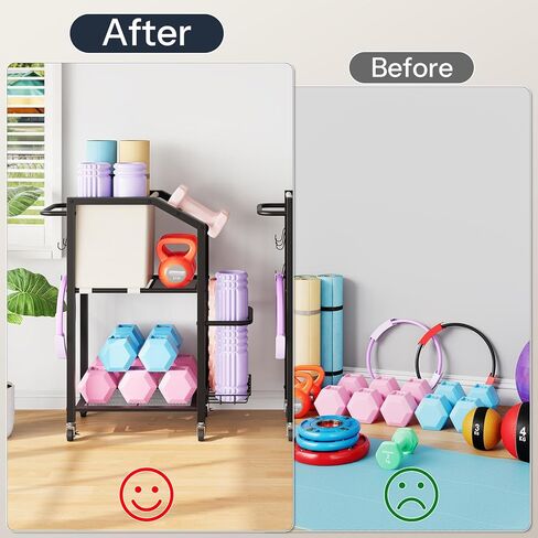 HOOBRO Dumbbell Rack, Weight Rack for Dumbbells, Yoga Mat Storage Rack, Home Gym Storage Rack for Dumbbells Kettlebells Foam Roller, Workout Storage Organizer with Wheels & Hooks, Black BE85CJ01N1 in Saudi Arabia