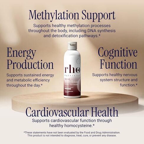 Rho Nutrition Liposomal Methylfolate 5-MTHF + B12 Complex - حمض الفوليك الميثيل السائل النشط بيولوجيًا عالي الامتصاص وB12 - يدعم الميثيل وإنتاج الطاقة والمزاج والصحة الخلوية in Kuwait