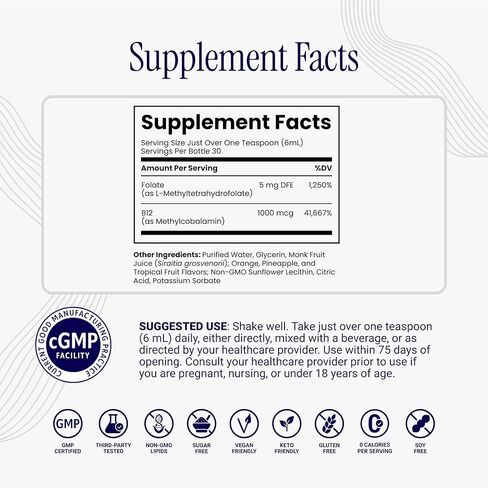 Rho Nutrition Liposomal Methylfolate 5-MTHF + B12 Complex - حمض الفوليك الميثيل السائل النشط بيولوجيًا عالي الامتصاص وB12 - يدعم الميثيل وإنتاج الطاقة والمزاج والصحة الخلوية in Kuwait