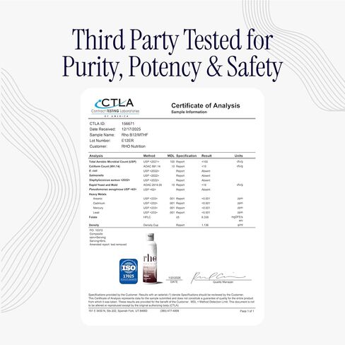 Rho Nutrition Liposomal Methylfolate 5-MTHF + B12 Complex - حمض الفوليك الميثيل السائل النشط بيولوجيًا عالي الامتصاص وB12 - يدعم الميثيل وإنتاج الطاقة والمزاج والصحة الخلوية in Kuwait