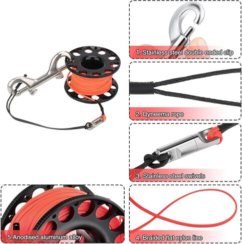 Qiilu Diving Spool Reel, 30m 4 Colors Stainless Steel Plastic Diving Finger Spool Reel Diver Underwater Accessory(Orange line) (Black Wheel) in Saudi Arabia