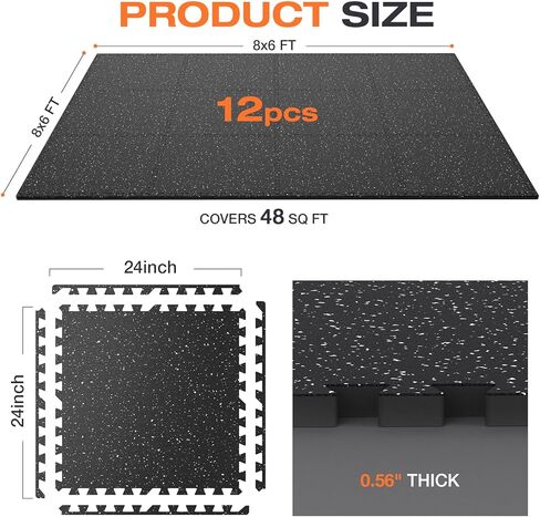 0.56'' Thick 12 Pcs 48 Sq Ft Non-Slip Rubber Top Exercise Equipment Mats, High Density EVA Foam Mats with Rubber Top, Interlocking Puzzle Gym Flooring for Home Gym, Workout Floor Mats, Black in Saudi Arabia