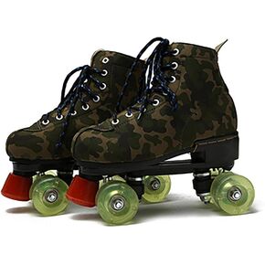 Quad Roller Skate Men and Women Universal Double Roller Skates Leather Outdoor Skates Green Camouflage Pattern Indoor Outdoor ice Rink (Transparent wheel 3) in Kuwait