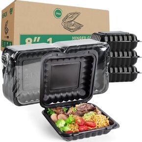 To Go Containers Mineral Filled PP Plastic - 8 Inch 34oz 55 Pack | Shrink Wrap BPA Free Takeout Boxes | Freezer & Microwave Safe for Food Delivery | Salad Breakfast Black Disposable Container in Saudi Arabia