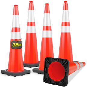 (5Pack) BATTIFE 36 Inch Traffic Safety Cones with Black Heavy Duty Stable Base, Orange PVC Hazard Cone, Reflective Collars, Construction Events, Parking Lot, Road and Driveway Control, Drive Training in Kuwait