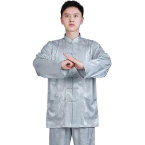 HZCX FASHION Mens 1 Piece Satin Jacquard Dragon Tang Uniform Shirt Traditional Chinese Kung Fu Tai Chi Shirt Frog Button Down in Kuwait