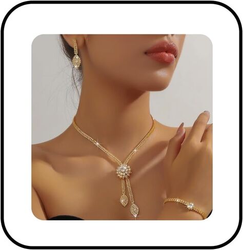 Rhinestone Earrings Necklace Bracelet Set for Women,Vintage Flower Crystal Earrings Necklaces Sparkly Bridal Necklace Bracelet Set Wedding Party Jewelry in Kuwait