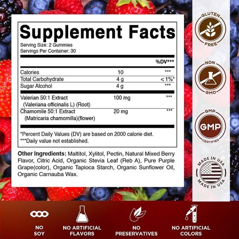 Vitamatic Valerian Root & Chamomile Gummies – Plant-Based Botanical Extract – Mixed Berry Flavor – Vegan, Non-GMO, Gluten-Free – Herbal Supplement – 60 Count (120 Count) in Saudi Arabia