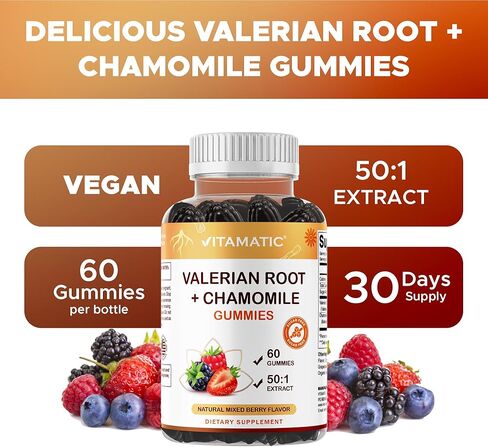 Vitamatic Valerian Root & Chamomile Gummies – Plant-Based Botanical Extract – Mixed Berry Flavor – Vegan, Non-GMO, Gluten-Free – Herbal Supplement – 60 Count (120 Count) in Saudi Arabia