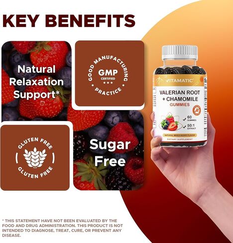 Vitamatic Valerian Root & Chamomile Gummies – Plant-Based Botanical Extract – Mixed Berry Flavor – Vegan, Non-GMO, Gluten-Free – Herbal Supplement – 60 Count (120 Count) in Saudi Arabia