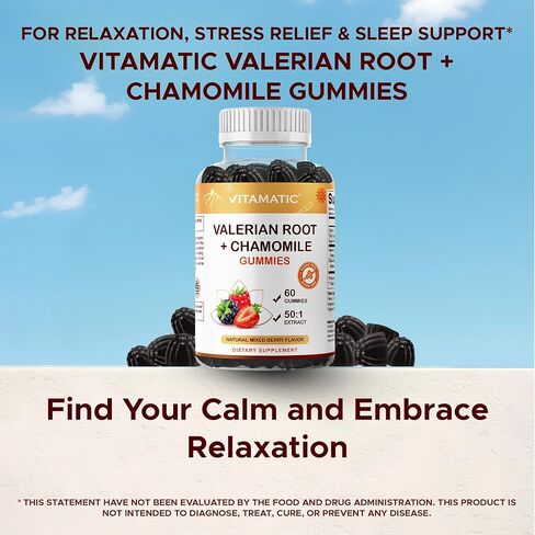 Vitamatic Valerian Root & Chamomile Gummies – Plant-Based Botanical Extract – Mixed Berry Flavor – Vegan, Non-GMO, Gluten-Free – Herbal Supplement – 60 Count (120 Count) in Saudi Arabia